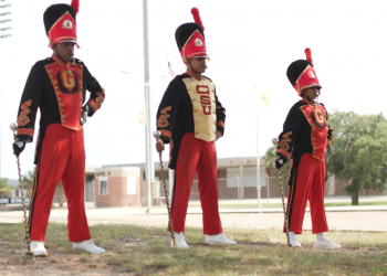 Candace Hawthorne, right, joins Deante Gibson and Sheavion Jones as drum majors in the Tiger Marching Band of Grambling State University.  Hawthorne is the only woman drum major at the university since Velma Patricia Patterson in 1952. (Courtesy of Grambling State University)