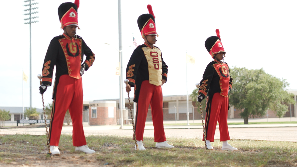 Candace Hawthorne, right, joins Deante Gibson and Sheavion Jones as drum majors in the Tiger Marching Band of Grambling State University.  Hawthorne is the only woman drum major at the university since Velma Patricia Patterson in 1952. (Courtesy of Grambling State University)