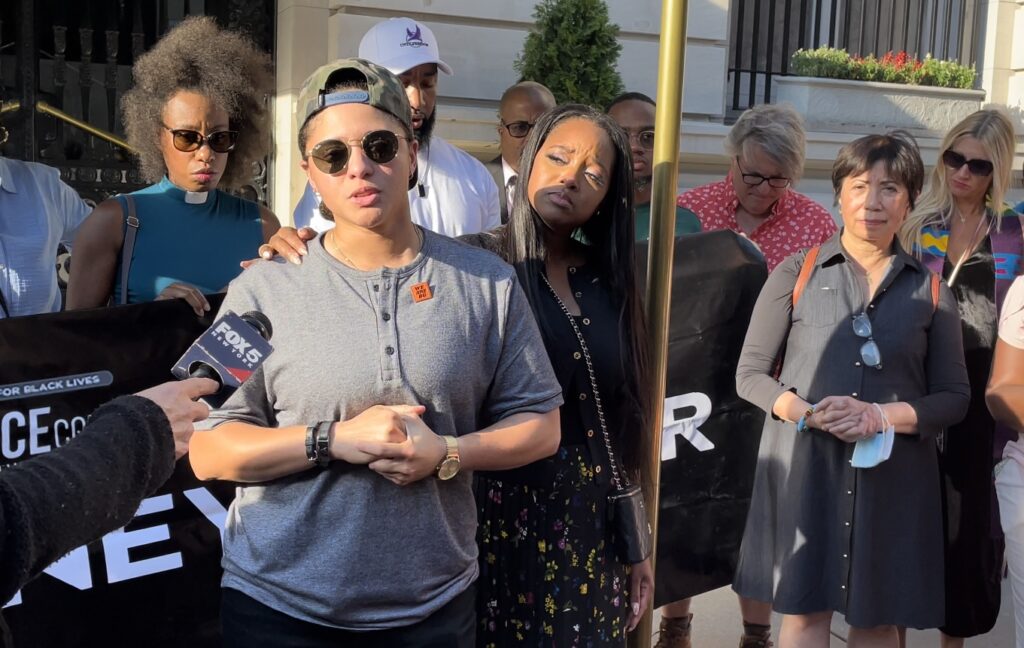 Janell Roy, a longtime friend of Brittney Griner's, told reporters in New York Wednesday that worrying about the safety of the person she calls her "sister" has caused her great anguish. Roy, who has known Griner since they both were in high school, made the comments at a prayer vigil for the WNBA player in front of the Russian Consulate. Standing next to Roy is activist Tamika Mallory. Photo credit: BNV