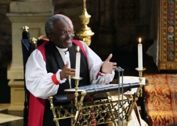 The Most Rev. Michael Curry, presiding bishop of the Episcopal Church in the U.S., speaks during the 2018 wedding of Prince Harry and Meghan Markle in Windsor, England. (Owen Humphreys/AP Photo)