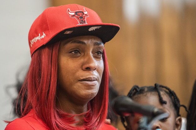 Ollie Jean Holiness demands justice for her slain 7-year-old son, Jeremiah Moore, during a news conference at the Rainbow PUSH Coalition headquarters Wednesday morning.Pat Nabong/Sun-Times