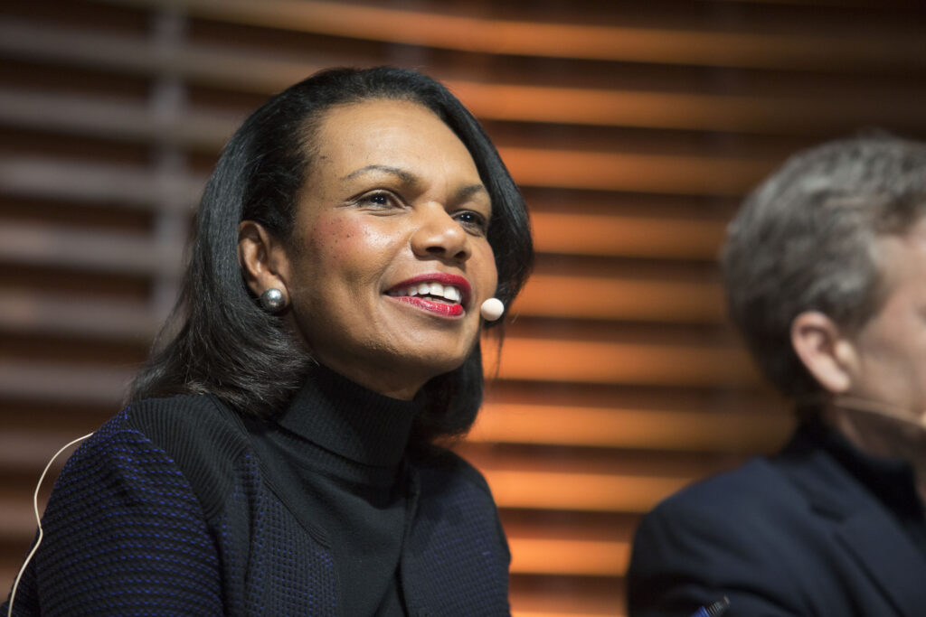 Former U.S. Secretary of State Condoleezza Rice, the first Black woman to hold that office, joined the Denver Broncos' ownership group in July. Here, she is seen speaking at Stanford University in Palo Alto, CA in 2016. Photo credit: Max Morse, TechCrunch
