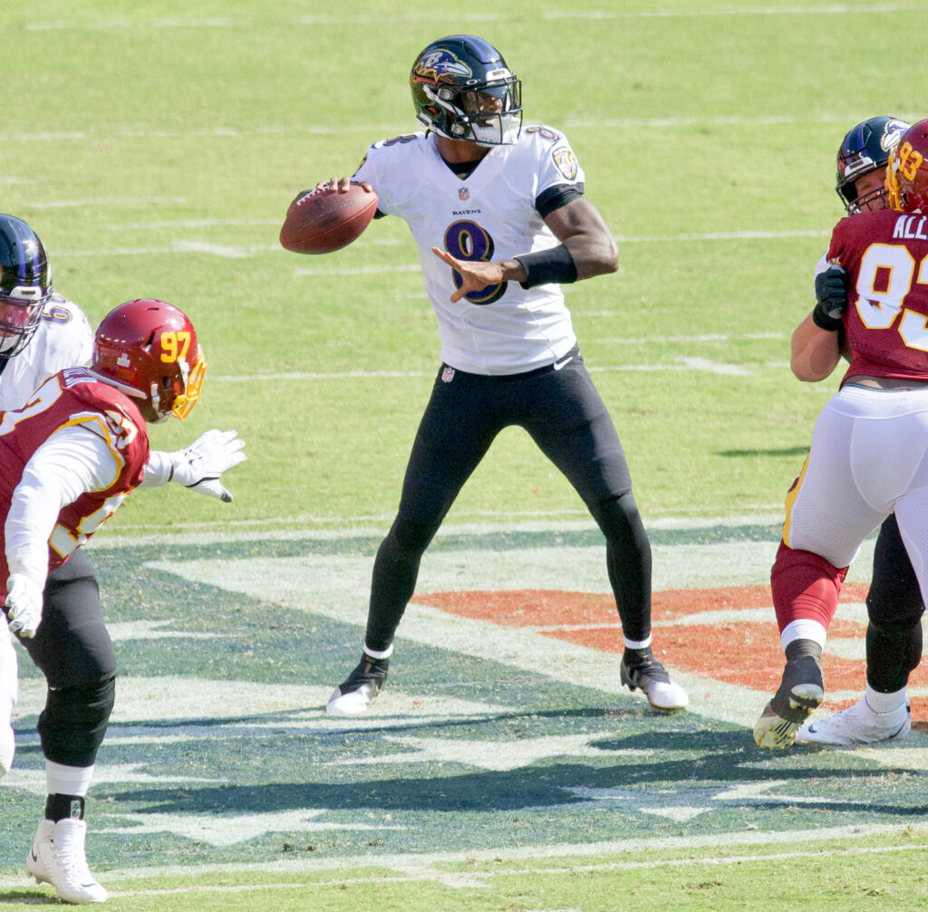 Baltimore Ravens quarterback Lamar Jackson, No. 8, prepares to throw against Washington Football Team on October 4, 2020. Photo credit: Lamar Jackson, All-Pro Reels