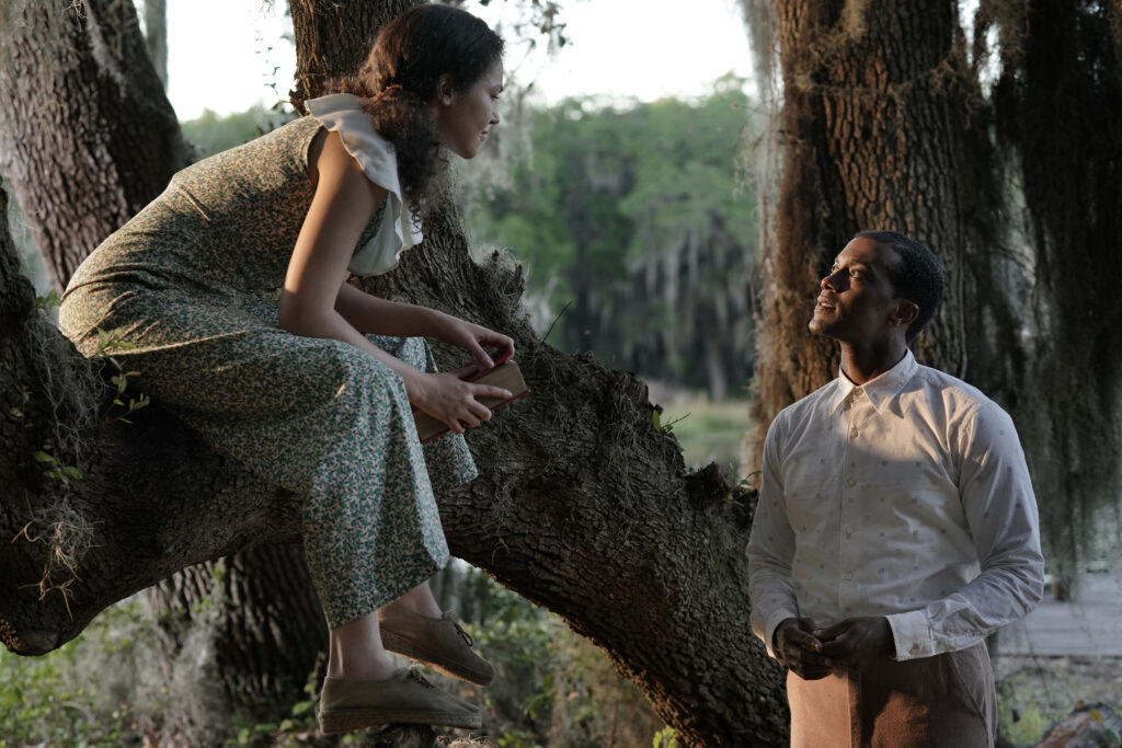 Scene from "A Jazzman's Blues." Solea Pfeiffer, left as Leanne, and Joshua Boone, right, as Bayou.  Photo credit: Jace Downs / ©2022 Netflix