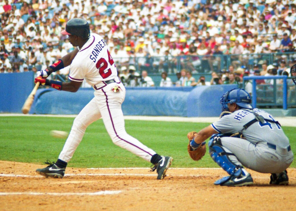 Atlanta Braves Deion Sanders batting against the Dodgers in 1993. Photo credit: Jim Accordino