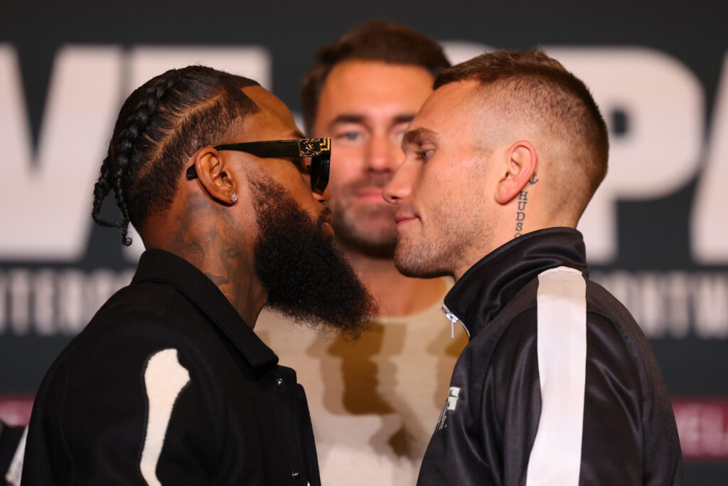 November 10, 2022; Cleveland, Ohio, USA; Montana Love, left, and Stevie Spark, right, face off on November 10, 2022, in Cleveland, Ohio, after the final press conference for their November 12, 2022, fight at the Rocket Mortgage Fieldhouse. Photo credit: Ed Mulholland/Matchroom.