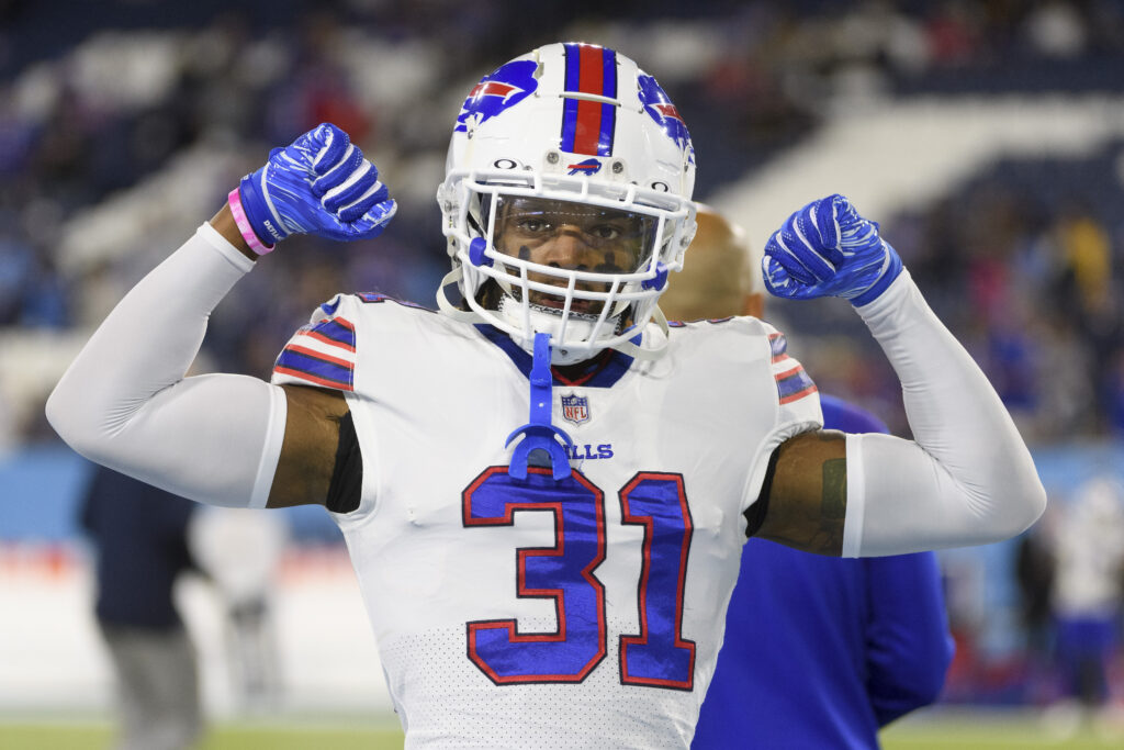 Buffalo Bills safety Damar Hamlin is shown before an NFL football game against the Tennessee Titans on Monday, Oct. 18, 2021, in Nashville, Tennessee. Hamlin was released from a Buffalo, New York, hospital on Wednesday, Jan. 11, 2023, more than a week after he went into cardiac arrest and had to be resuscitated during a game at Cincinnati, Ohio, after his doctors said they completed a series of tests. Photo credit: The Associated Press