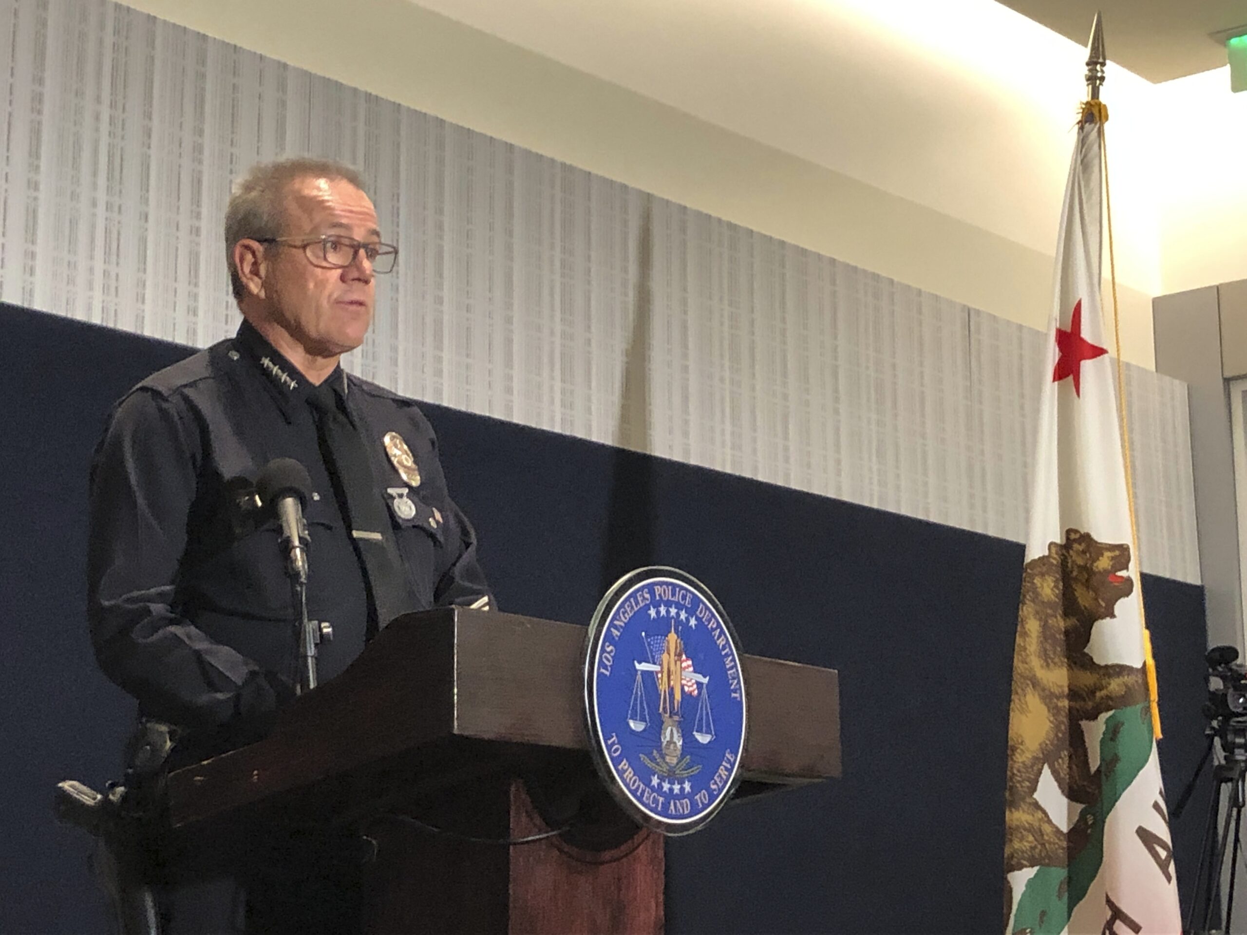 Los Angeles Police Chief Michel Moore discusses recent fatal police shootings during a news conference on Wednesday, Jan. 11, 2023, at LAPD headquarters in Los Angeles. Photo credit: Stefanie Dazio, The Associated Press