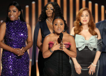 Sheryl Lee Ralph, Janelle James, Quinta Brunson and Lisa Ann Walter (left to right) accept the Best Television Series - Musical or Comedy award for "Abbott Elementary" at the 80th Annual Golden Globe Awards held at the Beverly Hilton Hotel, Beverly Hills, California, on January 10, 2023. Photo credit: Rich Polk, NBC