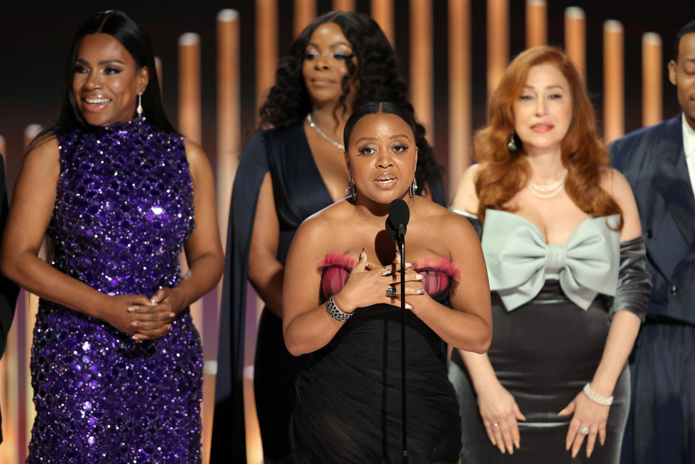 Sheryl Lee Ralph, Janelle James, Quinta Brunson and Lisa Ann Walter (left to right) accept the Best Television Series - Musical or Comedy award for "Abbott Elementary" at the 80th Annual Golden Globe Awards held at the Beverly Hilton Hotel, Beverly Hills, California, on January 10, 2023. Photo credit: Rich Polk, NBC