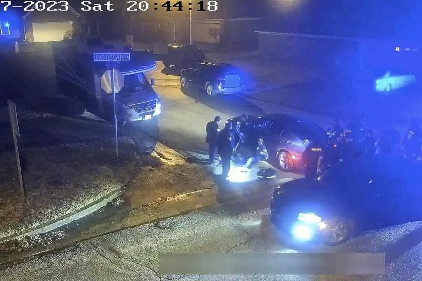 This image from video released Friday, and partially redacted by the City of Memphis, shows Tyre Nichols seated and leaning against a car during a brutal attack by five Memphis police officers on Jan. 7, in Memphis. Nichols died Jan. 10. The five officers have since been fired and charged with second-degree murder and other offenses. Photo credit: The Associated Press