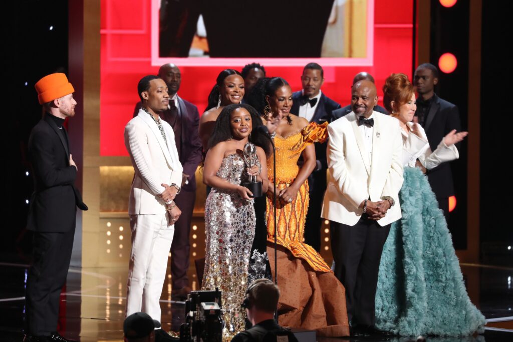 Left to right: Chris Perfetti, Tyler James Williams, Quinta Brunson, Janelle James, Sheryl Lee Ralph, William Stanford Davis and Lisa Ann Walter accept the Outstanding Comedy Series award for "Abbott Elementary" onstage during the 54th NAACP Image Awards at Pasadena Civic Auditorium on February 25, 2023, in Pasadena, California. Photo credit: Johnny Nunez, Getty Images for BET