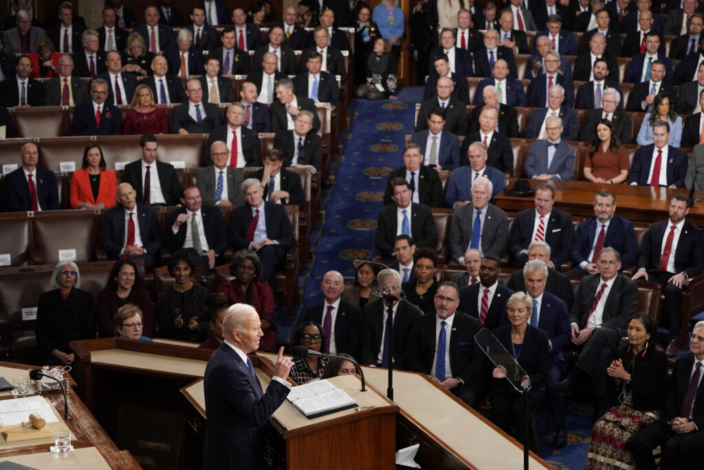 President Joe Biden delivers his State of the Union speech to a joint session of Congress at the U.S. Capitol in Washington, Tuesday, Feb. 7, 2023. Photo credit: J. Scott Applewhite, The Associated Press