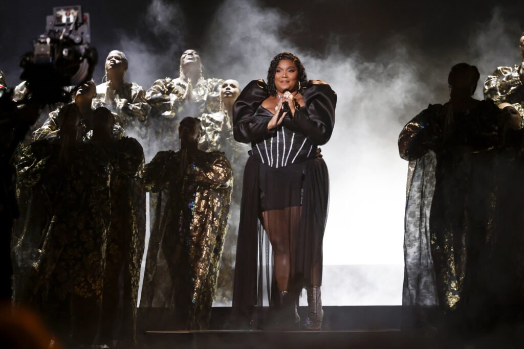 Lizzo at The 65th Annual Grammy Awards, broadcast live from the Crypto.com Arena in Los Angeles on Sunday, Feb. 5, 2023, on CBS. Photo credit: Francis Specker/CBS ©2023 CBS Broadcasting, Inc. All Rights Reserved.