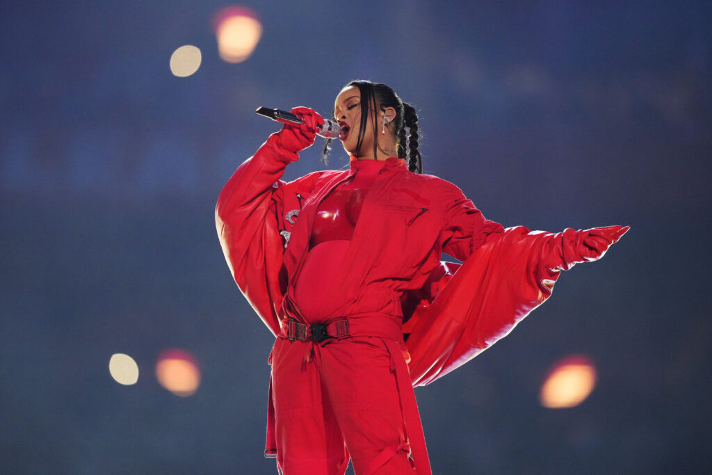 Rihanna performs during the halftime show at the NFL Super Bowl 57 football game between the Kansas City Chiefs and the Philadelphia Eagles, Sunday, Feb. 12, 2023, in Glendale, Arizona. Photo credit: Matt Slocum, The Associated Press