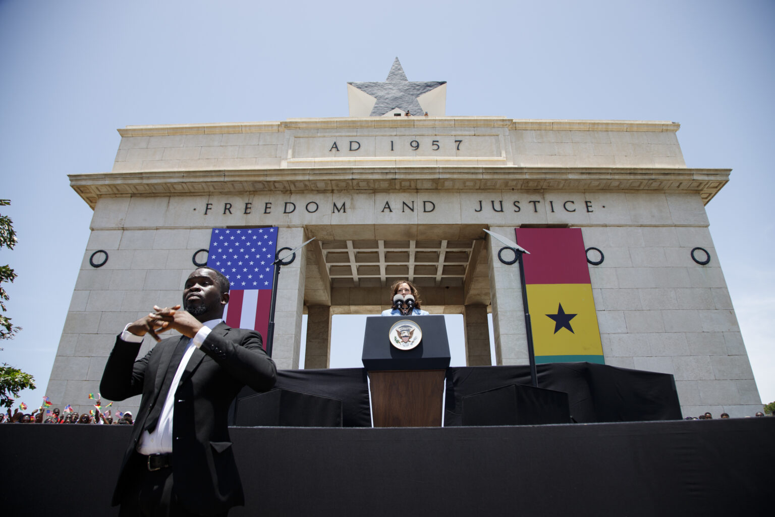 Vice President Kamala Harris addresses youth gathered on Black Star Square in Accra, Ghana, on Tuesday March 28, 2023. Harris is finishing a seven-day African visit that also took her to Tanzania and Zambia. Photo credit: Misper Apawu, Associated Press pool photo