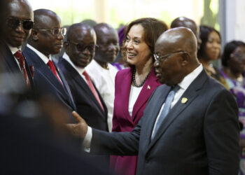 Ghanaian President Nana Akufo-Addo, foreground, introduces his cabinet to Vice President Kamala Harris in Accra, Ghana on Monday March 27, 2023. Harris is on a seven-day African visit that will also take her to Tanzania and Zambia. Photo credit: Misper Apawu, Pool