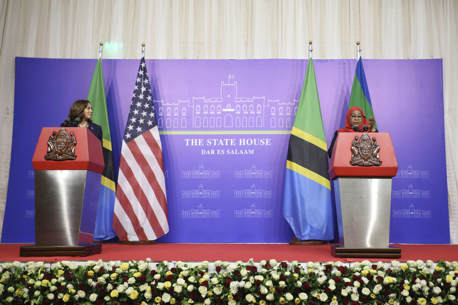 Vice President Kamala Harris, left, and Tanzanian President Samia Suluhu Hassan speak during a news conference following their meeting in Dar es Salaam, Tanzania, on Thursday, March 30, 2023. Photo credit: Ericky Boniphace, Associated Press pool photo