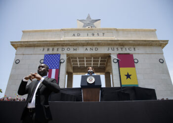 Vice President Kamala Harris addresses youth gathered on Black Star Square in Accra, Ghana, on Tuesday March 28, 2023. Harris is on a seven-day African visit that will also take her to Tanzania and Zambia. Photo credit: Misper Apawu, Associated Press pool
