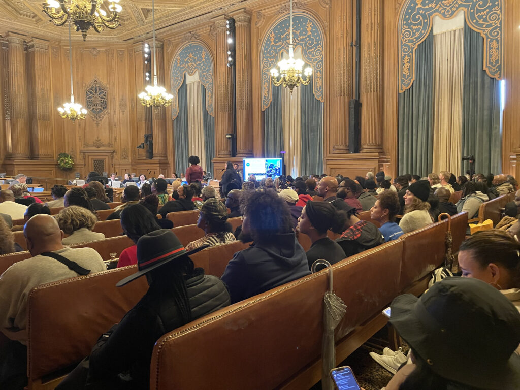 So many crowded into San Francisco City Hall on Tuesday, March 14th, 2023, for a hearing on a reparations proposal that officials created two overflow rooms. Photo credit: Daphne Young, Black News & Views