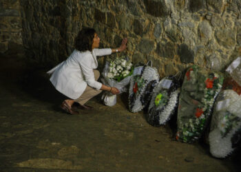 Vice President Kamala Harris lays a wreath at Cape Coast Castle in Cape Coast, Ghana, on Tuesday, March 28, 2023. This castle was one of about 40 "slave castles" that served as prisons and embarkation points for slaves en route to the Americas. Photo credit: Misper Apawu, The Associated Press