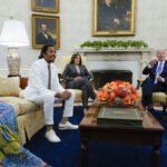 President Joe Biden meets with Tennessee state Rep. Gloria Johnson, D-Knoxville, left, state Rep. Justin Jones, D-Nashville, second from left, and state Rep. Justin Pearson, D-Memphis, right, in the Oval Office of the White House, Monday, April 24, 2023, in Washington. Vice President Kamala Harris listens third from left. Photo credit: Andrew Harnik, The Associated Press