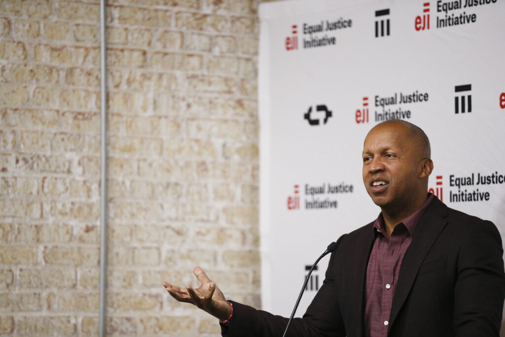 Bryan Stevenson, executive director of the Equal Justice Initiative, speaks at a news conference on Monday, April 23, 2018, in Montgomery, Alabama. Stevenson recently shared a stage with Opal Lee, the "Grandmother of Juneteenth," to discuss Juneteenth and the legacy of slavery. Photo credit: Brynn Anderson, The Associated Press