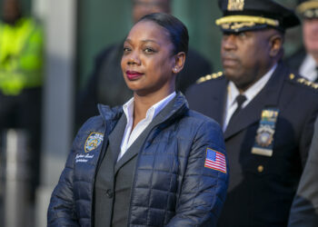 New York City Police Commissioner Keechant Sewell stands in New York's Times Square during a news conference about New Year's Eve security, Dec. 30, 2022. Sewell, the first woman to hold the position, is stepping down after 18 months on the job. Sewell, who was appointed by Mayor Eric Adams, announced the resignation in an email to department staff, Monday, June 12, 2023. Photo credit: Ted Shaffrey, The Associated Press