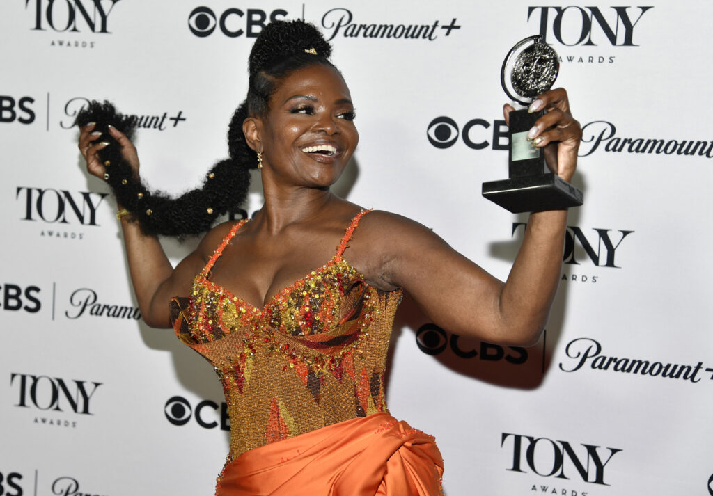 LaChanze, winner of the awards for Best Musical for "Kimberly Akimbo" and Best Revival of a Play for "Topdog/Underdog," poses with one of her awards in the press room at the 76th annual Tony Awards on Sunday, June 11, 2023, at the Radio Hotel in New York. Photo credit: Evan Agostini, Invision/The Associated Press