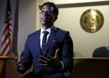 In this July 29, 2019, file photo, St. Louis County Prosecutor Wesley Bell speaks during an interview in Clayton, Missouri. Bell announced Wednesday, June 7, 2023, that he is running for the U.S. Senate seat occupied by Republican Josh Hawley. Bell is a former member of the City Council in Ferguson, Missouri, the St. Louis suburb where the death of 18-year-old Michael Brown at the hands of a police officer in 2014 helped spur the Black Lives Matter movement. Photo credit: Jeff Roberson, The Associated Press