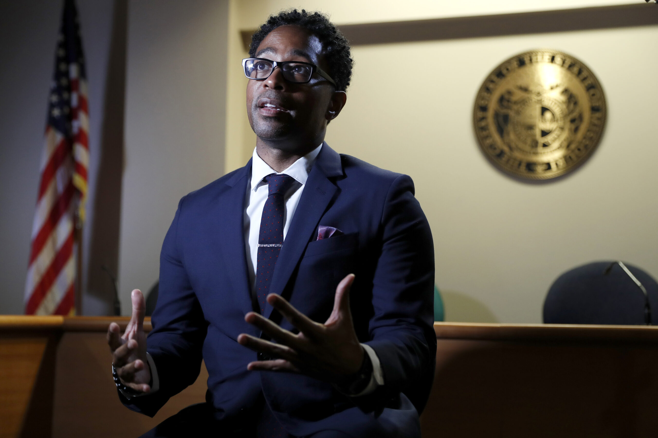 In this July 29, 2019, file photo, St. Louis County Prosecutor Wesley Bell speaks during an interview in Clayton, Missouri. Bell announced Wednesday, June 7, 2023, that he is running for the U.S. Senate seat occupied by Republican Josh Hawley. Bell is a former member of the City Council in Ferguson, Missouri, the St. Louis suburb where the death of 18-year-old Michael Brown at the hands of a police officer in 2014 helped spur the Black Lives Matter movement. Photo credit: Jeff Roberson, The Associated Press