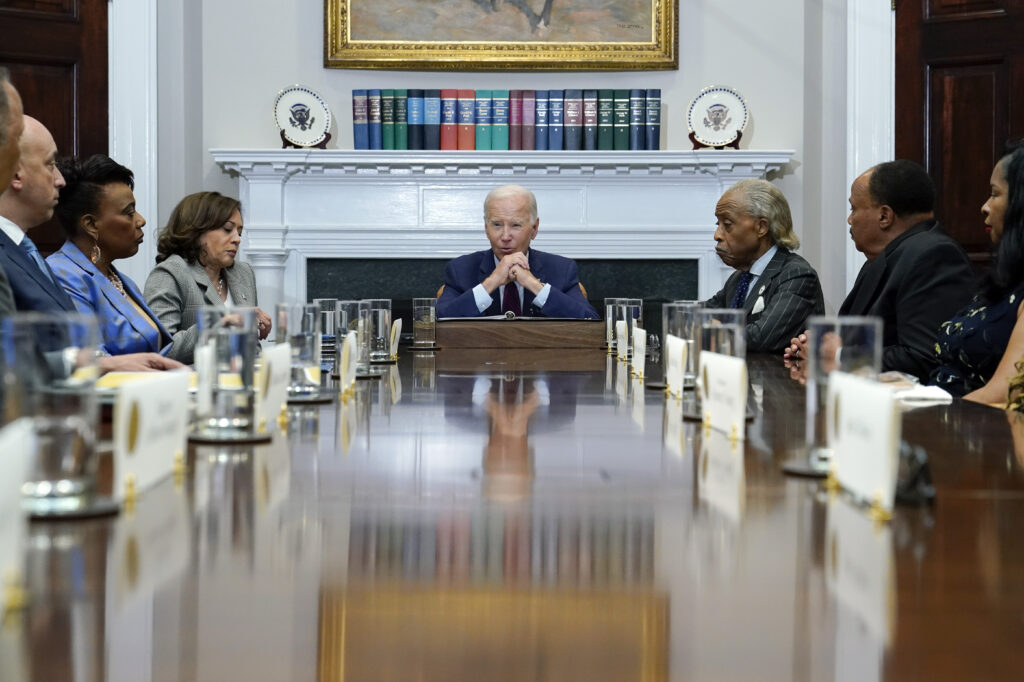 President Joe Biden and Vice President Kamala Harris meet with organizers of the 60th anniversary of the March on Washington in the Roosevelt Room of the White House in Washington, Monday, Aug. 28, 2023. From left, Marc Morial, Jonathan Greenblatt, Bernice King, Harris, Biden, the Rev. Al Sharpton, Martin Luther King III, and Arndrea Waters King. Photo credit: Susan Walsh, The Associated Press