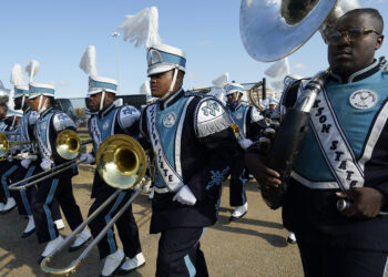 Jackson State University's "Sonic Boom of the South" band enters the Veterans Memorial Stadium prior to the Southwestern Athletic Conference championship NCAA college football game, Saturday, Dec. 4, 2021, in Jackson, Mississippi. Photo credit: Rogelio V. Solis, The Associated Press