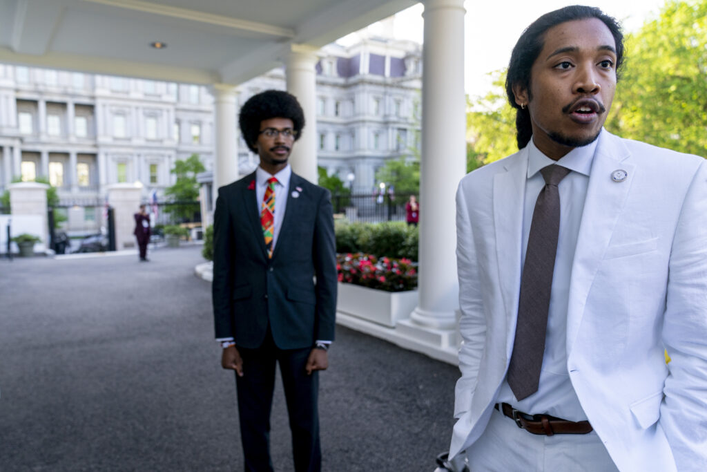 Tennessee Reps. Justin Pearson, D-Memphis, left, and Justin Jones, D-Nashville, speak to reporters outside the West Wing after meeting with President Joe Biden and Vice President Kamala Harris in the Oval Office of the White House in Washington, April 24, 2023. Pearson and Jones, who became Democratic heroes as members of the “Tennessee Three,” reclaimed their legislative seats Thursday, Aug. 3, after they were expelled for involvement in a gun control protest on the House floor. Photo credit: Andrew Harnik, The Associated Press
