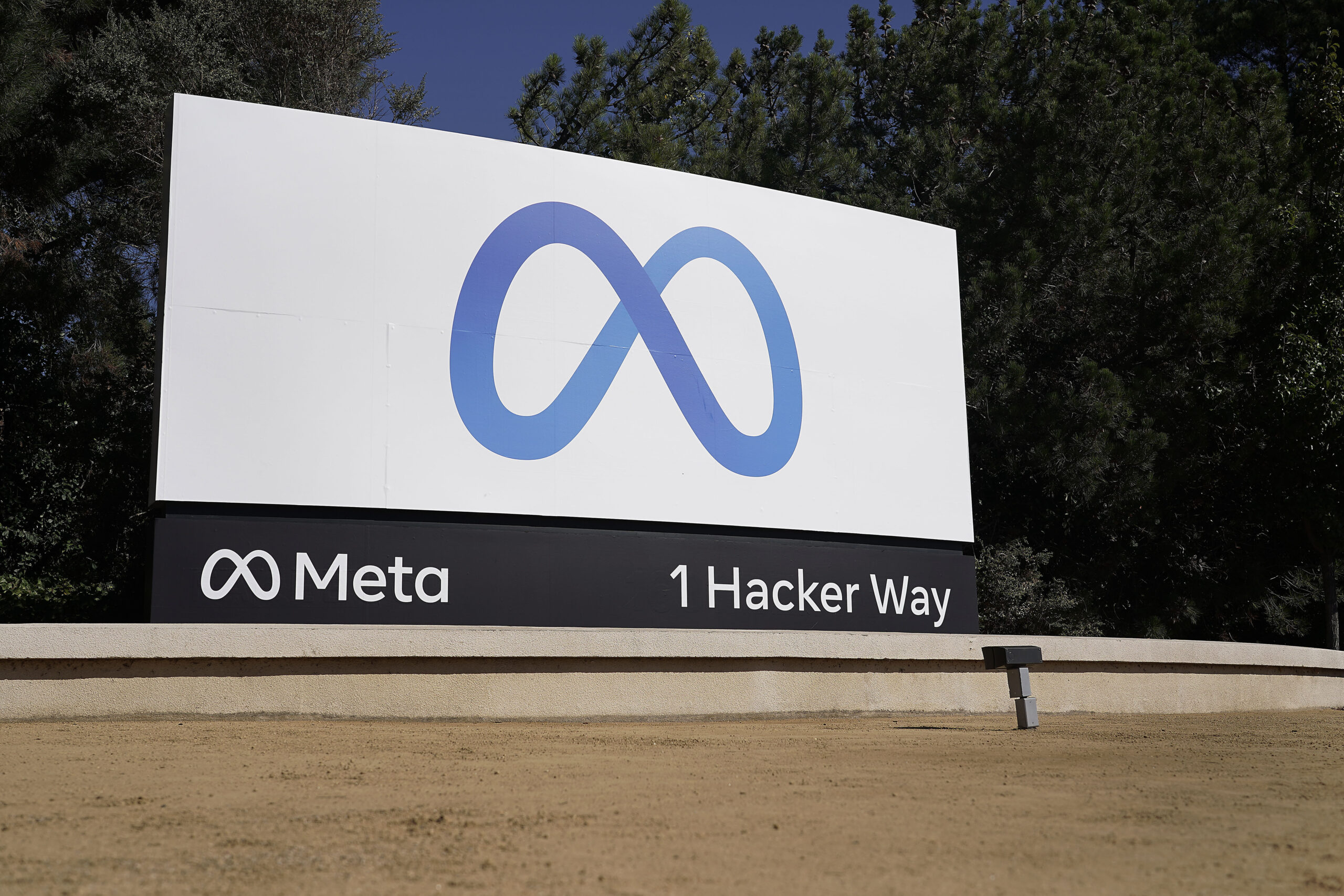 Facebook's Meta logo sign is seen at the company headquarters in Menlo Park, California, on, Oct. 28, 2021. Photo credit: Tony Avelar, The Associated Press