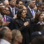 Vice President Kamala Harris, New York City Mayor Eric Adams and New York Governor Kathy Hochul attend the commemoration ceremony on the 22nd anniversary of the September 11, 2001, terror attacks on Monday, Sept. 11, 2023, in New York. Photo credit: Yuki Iwamura, The Associated Press