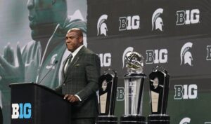 Michigan State head coach Mel Tucker speaks during an NCAA college football news conference at the Big Ten Conference media days at Lucas Oil Stadium, Wednesday, July 26, 2023, in Indianapolis, Indiana. Photo credit: Darron Cummings, The Associated Press