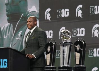 Michigan State head coach Mel Tucker speaks during an NCAA college football news conference at the Big Ten Conference media days at Lucas Oil Stadium, Wednesday, July 26, 2023, in Indianapolis, Indiana. Photo credit: Darron Cummings, The Associated Press