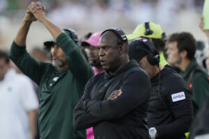 Michigan State head coach Mel Tucker watches from the sideline during the first half of an NCAA college football game against Central Michigan, Friday, Sept. 1, 2023, in East Lansing, Mich. Photo credit: Carlos Osorio, The Associated Press