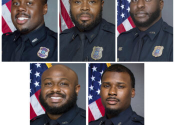 This combination of images provided by the Memphis, Tenn., Police Department shows, top row from left, officers Tadarrius Bean, Demetrius Haley, Emmitt Martin III, and, bottom row from left, Desmond Mills Jr. and Justin Smith. The five former Memphis police officers are now facing federal civil rights charges in the beating death of Tyre Nichols as they continue to fight second-degree murder charges in state courts arising from the killing. They were indicted Tuesday, Sept. 12, 2023, in U.S. District Court in Memphis. Photo credit: Memphis Police Department via The Associated Press