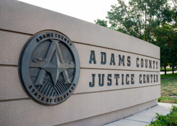 The Adams County Justice Center in Brighton, Colorado, on Monday, Sept. 18, 2023, where jury selection is underway for the trial of Jason Rosenblat and Randy Roedema, who were among the Aurora Police officers to forcibly arrest Elijah McClain in 2019. Photo credit: Hart Van Denburg, CPR News