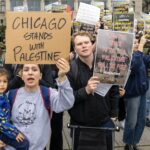 Supporters of Palestinians rally in the Loop in Chicago on Wednesday, Oct. 11, 2023, in response to the violence between Israel and the Palestinian territories. Photo credit: Tyler Pasciak LaRiviere, Chicago Sun-Times via The Associated Press