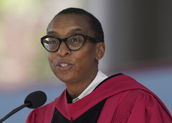 Claudine Gay, Edgerley Family Dean of Harvard's Faculty of Arts and Sciences, addresses an audience during commencement ceremonies, Thursday, May 25, 2023, on the schools campus, in Cambridge, Massachusetts. Harvard has announced that Gay is to succeed Harvard University Lawrence Bacow, and is to become its new president beginning July 1, 2023. Photo credit: Steven Senne, The Associated Press