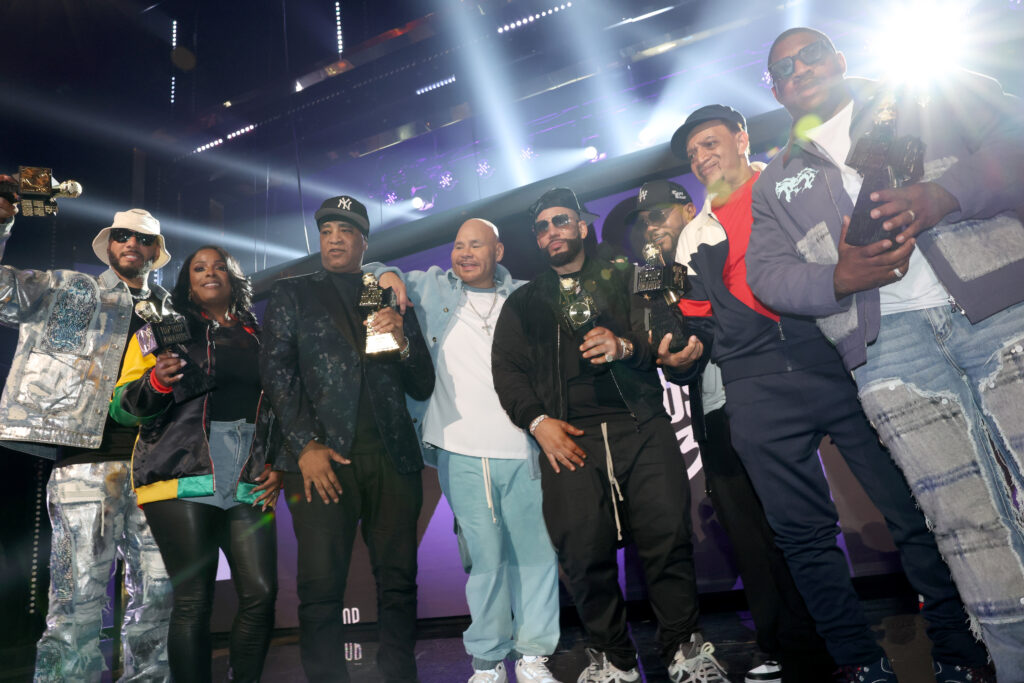 In this image released on Oct 10, 2023, (L-R) Left to right: Swizz Beatz, DJ Spinderella, Marley Marl, Fat Joe, DJ Drama, Timbaland, Kool DJ Red Alert and DJ Holiday onstage during the BET Hip-Hop Awards 2023 on Oct. 03, 2023 in Atlanta, Georgia. Photo credit: Johnny Nunez/Getty Images for BET