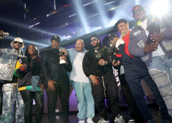 In this image released on Oct 10, 2023, (L-R) Left to right: Swizz Beatz, DJ Spinderella, Marley Marl, Fat Joe, DJ Drama, Timbaland, Kool DJ Red Alert and DJ Holiday onstage during the BET Hip-Hop Awards 2023 on Oct. 03, 2023 in Atlanta, Georgia. Photo credit: Johnny Nunez/Getty Images for BET
