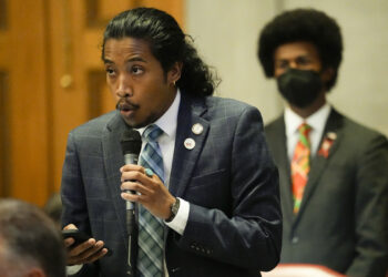 Tennessee Rep. Justin Jones, D-Nashville, speaks from the House floor during a special session of the state legislature on public safety, Aug. 28, 2023, in Nashville, Tennessee. Jones filed a federal lawsuit Tuesday, Oct. 3, challenging his expulsion in April and the House rules restricting lawmakers' floor comments that Republicans applied to silence Jones for part of one day in August. Photo credit: George Walker IV, The Associated Press