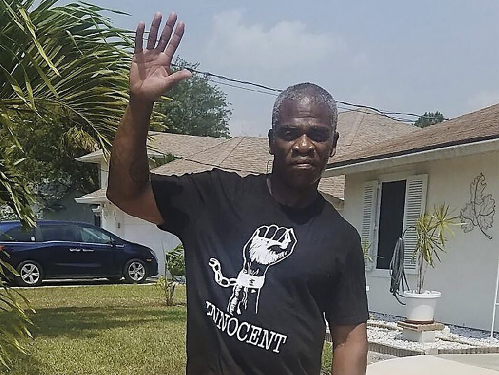In this photo provided by the Innocence Project of Florida, Leonard Allen Cure poses on the day of his release from prison on April 14, 2020, in Florida. Cure, who spent more than 16 years in prison in Florida on a wrongful conviction,  was shot and killed Monday, Oct. 16, 2023, by a sheriff's deputy in Georgia during a traffic stop, authorities and representatives said.  Photo credit: Innocence Project of Florida via The Associated Press
