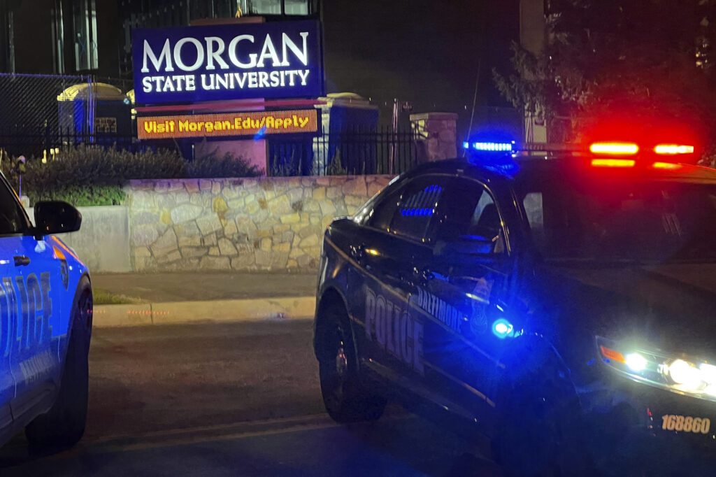 Baltimore police respond to a shooting at Morgan State University, Tuesday, Oct. 3, 2023, in Balitmore. Photo credit: Jerry Jackson, The Baltimore Sun via The Associated Press
