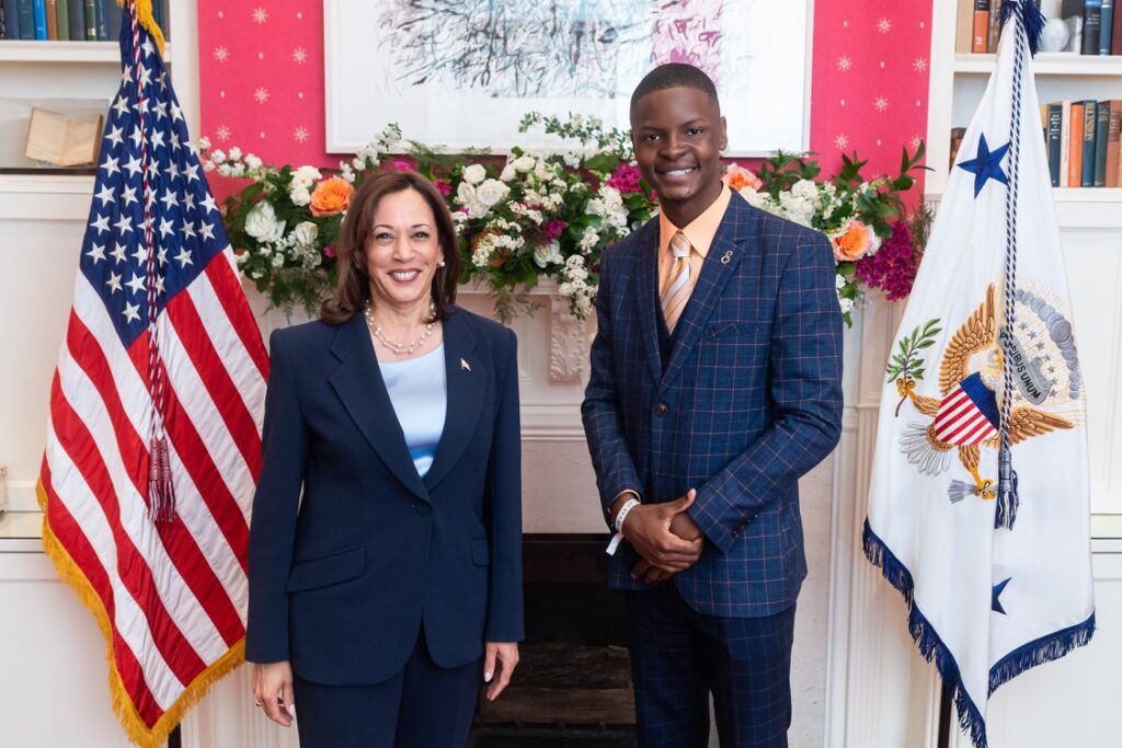 Mayor Jaylen Smith of Earle, Arkansas, was elected mayor in 2022 at age 18, making him the youngest mayor in the country. Here, he's seen during a visit with Vice President Kamala Harris. Photo credit: The White House