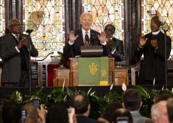 President Joe Biden delivers remarks at Mother Emanuel AME Church in Charleston, South Carolina, Monday, Jan. 8, 2024, where nine worshippers were killed in a mass shooting by a white supremacist in 2015. Photo credit: Mic Smith, The Associated Press